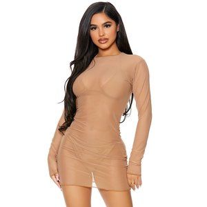 Long Sleeve Sheer Mesh Coverup Dress Mocha
